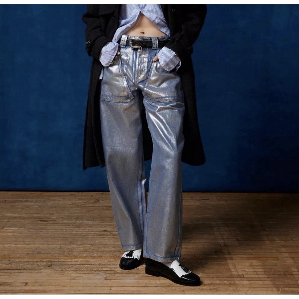 BDG Urban Outfitters Bella Baggy Patch Pocket Metallic Silver Jeans Womens 25